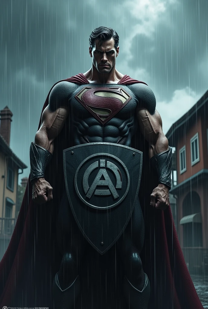 A muscular superhero like super man, symbolizing my waterproofing product  ,  protecting a house from the rain by holding a shield 