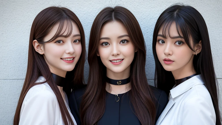 Four Girls,Ultra-high resolution, Realistic, Highest quality, 8k resolution,、office、Narrow waist、pharmacist、(Leather Fashion)、, Ecstasy, Shooting from above, look up, Straight Long Hair, Light brown hair, Big Breasts, Perfect Makeup, Happy expression, Black choker, blue eyes, Very long eyelashes, Very dense lashes