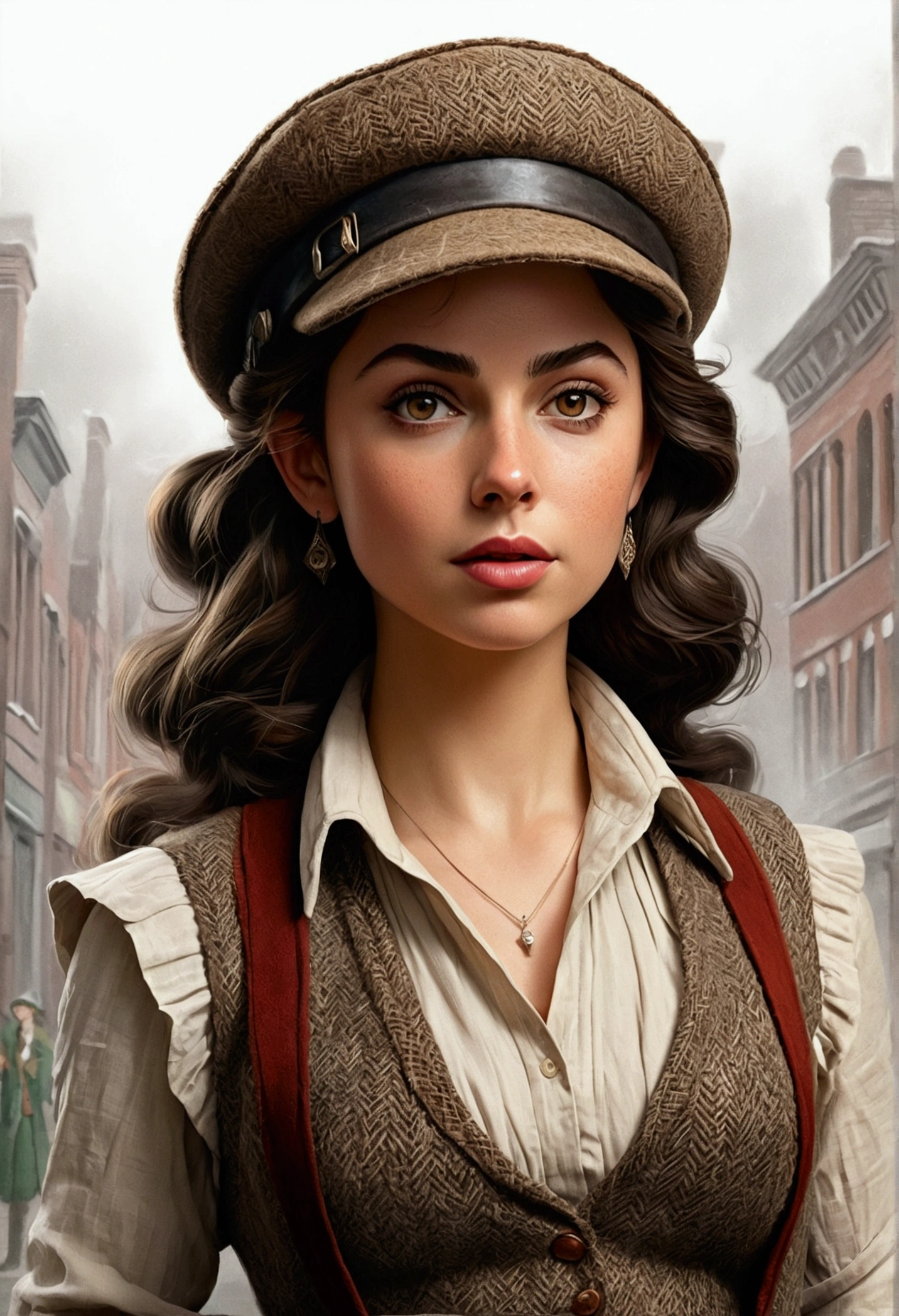 An illustrated movie poster, hand-drawn, full color, an elven maiden, wearing a tweed vest and a newsie cap, tall, toned, amazonian stature, athletic hourglass figure, busty bosom, narrow waist, wide hips, thick thighs, big butt, long pointy elf ears, amber eyes, dark hair, curly bob cut, warm almond skintone, freckles, resembles Ana De Armas, standing on a foggy Victorian-era street corner, graphite shading, stencil marks, airbrushed acrylic paint, masterpiece, elf ears