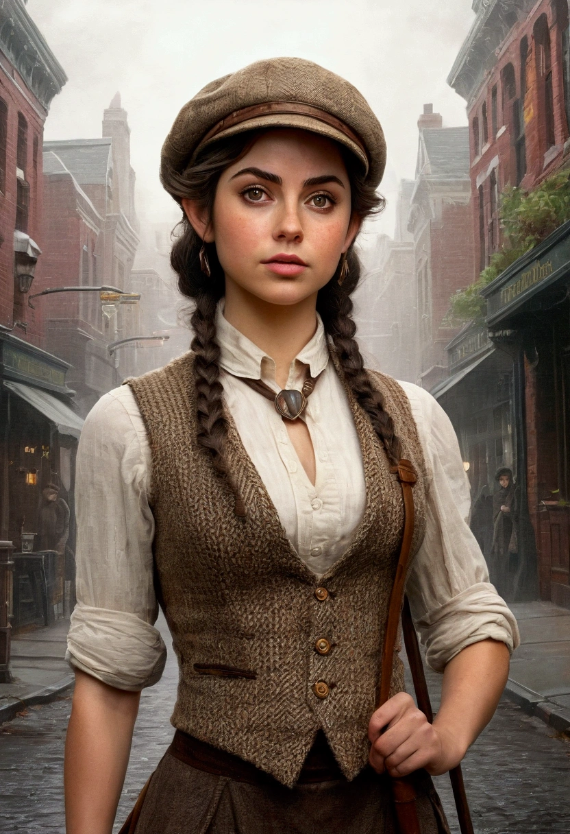 An illustrated movie poster, hand-drawn, full color, an elven maiden, wearing a tweed vest and a newsie cap, tall, toned, amazonian stature, athletic hourglass figure, busty bosom, narrow waist, wide hips, thick thighs, big butt, long pointy elf ears, amber eyes, dark hair, curly bob cut, warm almond skintone, freckles, resembles Ana De Armas, standing on a foggy Victorian-era street corner, graphite shading, stencil marks, airbrushed acrylic paint, masterpiece, elf ears