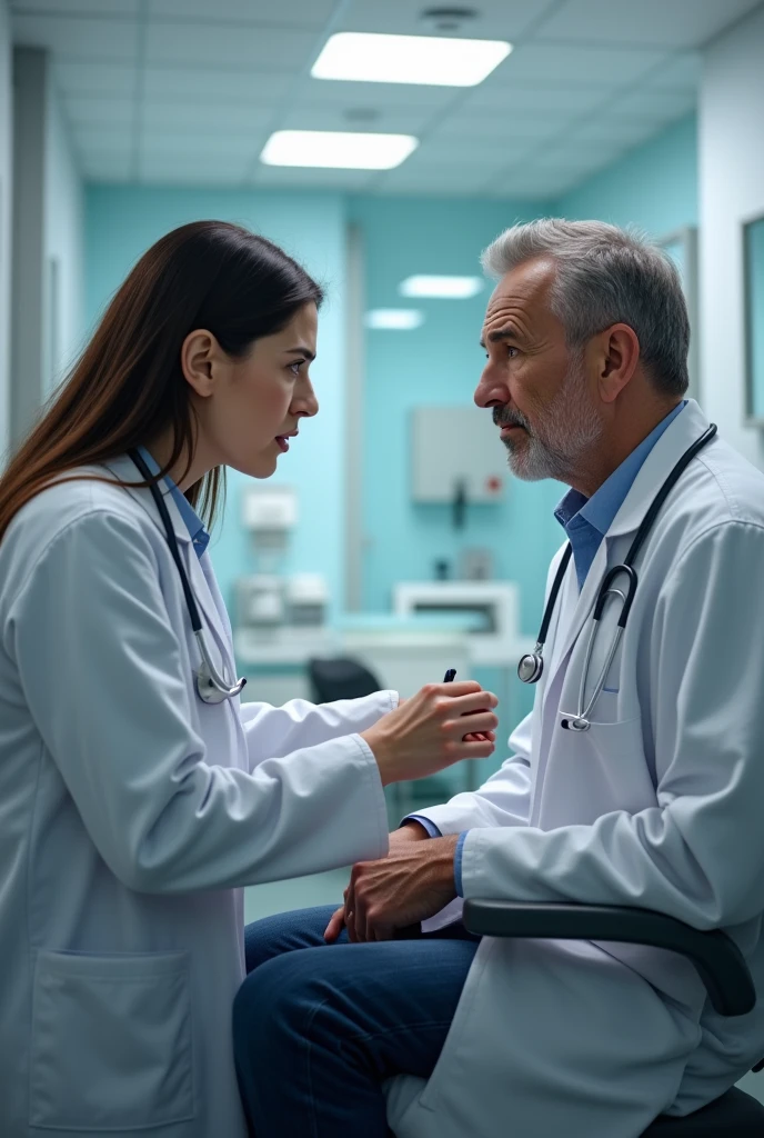 The doctor is sitting next to the patient