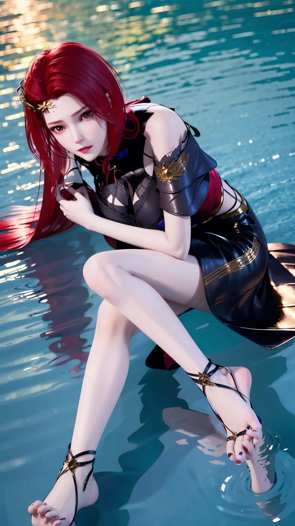 (abyss) 1girl bangs bare shoulders breasts cleavage cleavage cutout closed eyes crescent crescent facial mark double bun dress facial mark facing viewer forehead mark horns long hair medium breasts parted bangs partially submerged pink hair red hair solo very long hair wading water