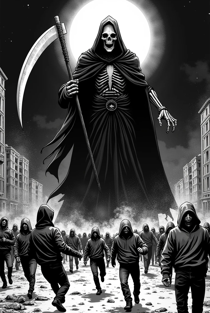 design art for sticker, vector art, line art drawing, metal band artwork, death metal cover album artwork, at the midle in half body of: five man wear hooded reaper, skul mecha face, attacking human at the low ground with chainsaw and hammer, at the low ground people run in chaos, black background of ruined city bulding