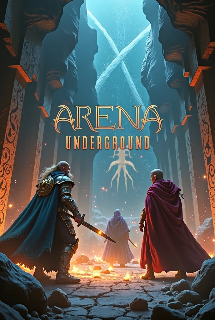 create 3 warriors and wizards and in the middle of the image put the words Arena underground with beautiful letters
