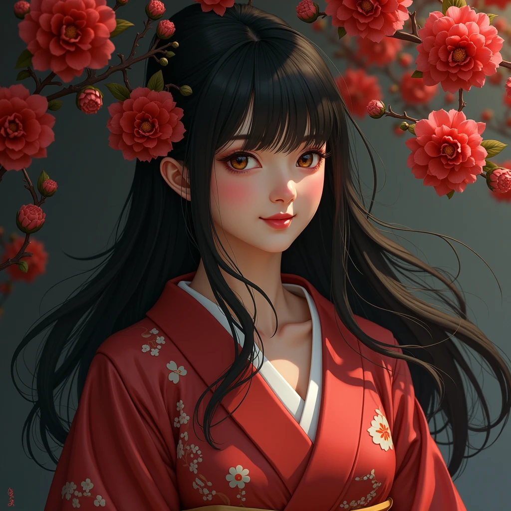 One Girl, High resolution,alone, One Girl, High resolution, Long Hair, smile, Personification of camellia、Black Hair、kimono、Bright red camellia、dim、High resolution, masterpiece, Highest quality, Anatomically correct, detail, 高いdetail, Very detailed, Action Painting,