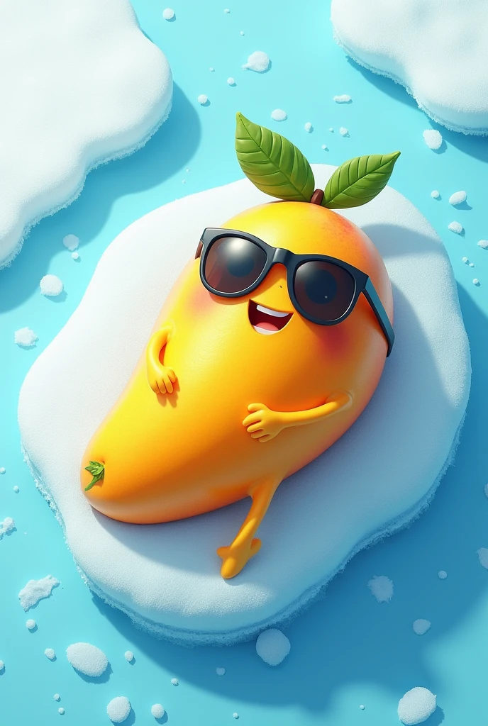 Create a Mango character with sunglasses, sleep on frozen ice, happy and smile, top angle, cool pose