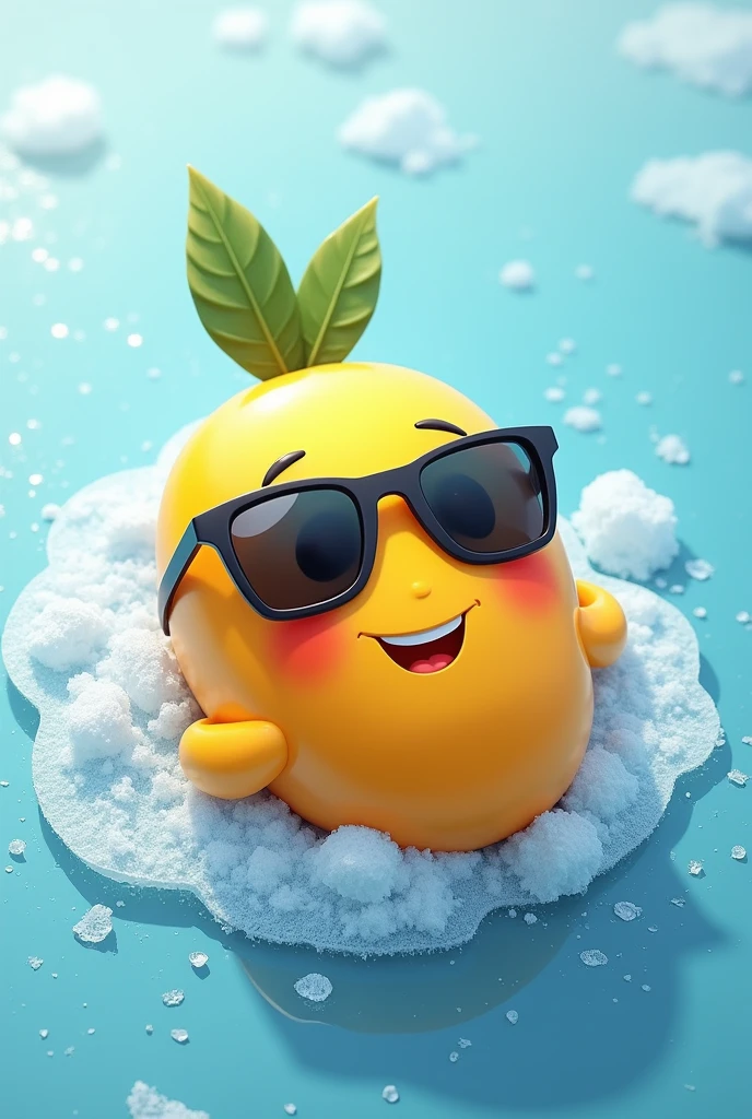 Create a Mango character with sunglasses, sleep on frozen ice, happy and smile, top angle, cool pose
