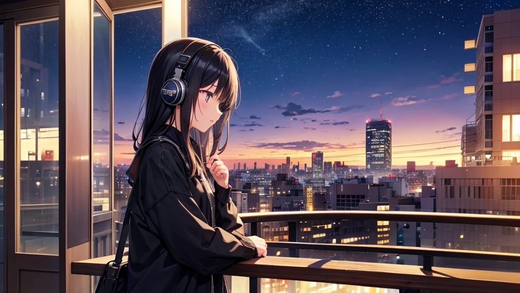 View of the autumn evening sky from a cafe。A young girl with black hair wearing stylish clothes and headphones labeled "lo-fi" The girl is shown in profile, gazing into the distance with a calm, relaxed expression Background depicts the iconic scenery of Namba, Osaka at night, without any text on signs A starry night sky adding to the peaceful atmosphere Overall mood is quiet and serene, perfect for lo-fi music Detailed hair rendering and careful attention to the girl's fashionable outfit The entire scene should evoke a relaxing, introspective feeling associated with lo-fi music