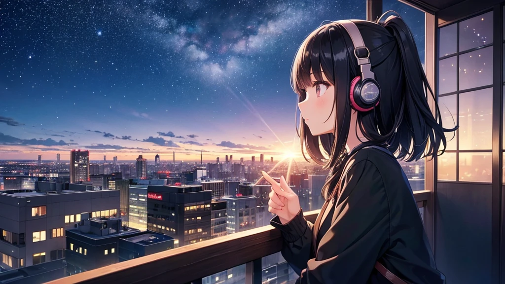View of the autumn evening sky from a cafe。A young girl with black hair wearing stylish clothes and headphones labeled "lo-fi" The girl is shown in profile, gazing into the distance with a calm, relaxed expression Background depicts the iconic scenery of Namba, Osaka at night, without any text on signs A starry night sky adding to the peaceful atmosphere Overall mood is quiet and serene, perfect for lo-fi music Detailed hair rendering and careful attention to the girl's fashionable outfit The entire scene should evoke a relaxing, introspective feeling associated with lo-fi music