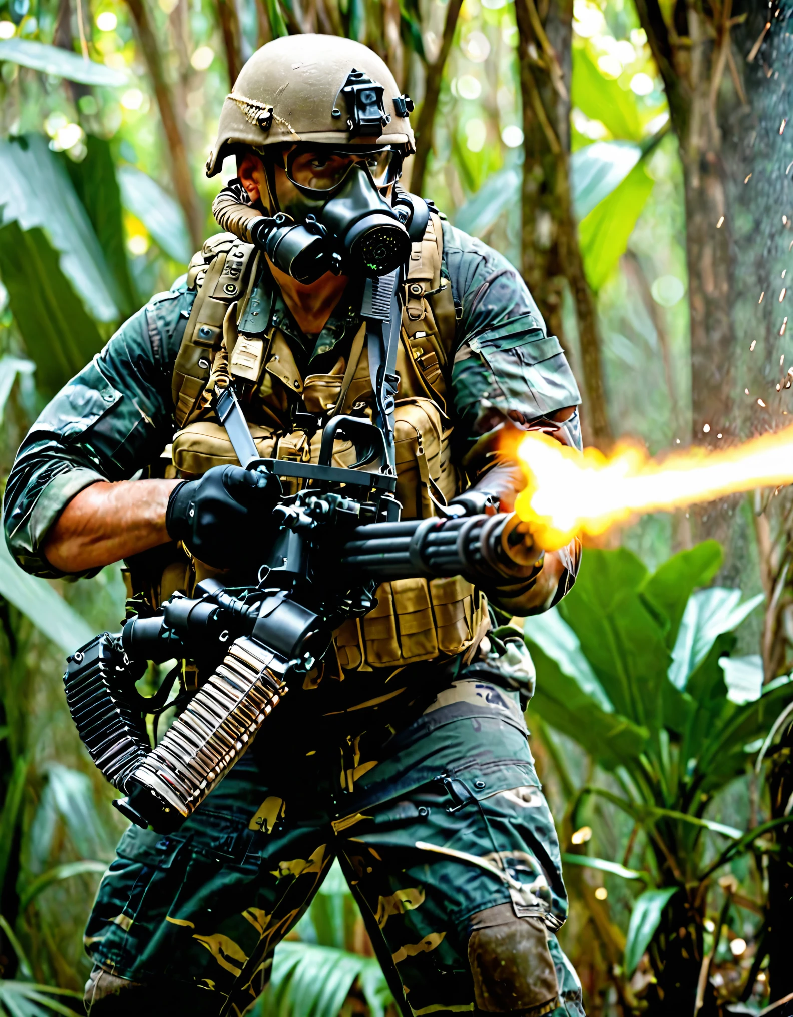 1man, male focus, solo, solo focus, using m134 minigun, us military, war zone, firing gun, helmet, full combat gear, fingerless gloves, matching boots, shell casings coming from the weapon, masterpiece, best quality, muzzle flash, perfect hands, jungle backdrop, gas mask