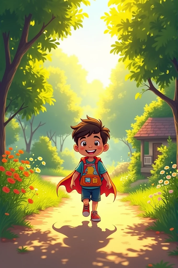 - A colorful illustration of Jaden walking up a sunny path to Sochool's house, with a big smile on his face and a superhero backpack on his back.