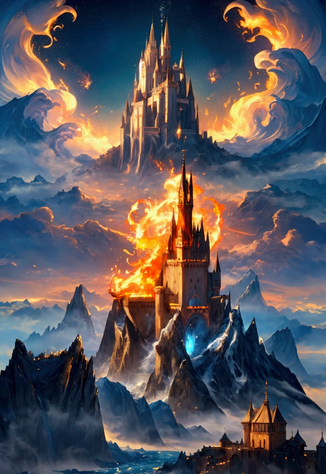 (masterpiece,top quality,high quality)), ((8K wallpaper unified with high definition CG)), multiple mountains with a castles floating in the sky looking heavenly and divine surrounded by swirling magic fire and water, domain expansion,