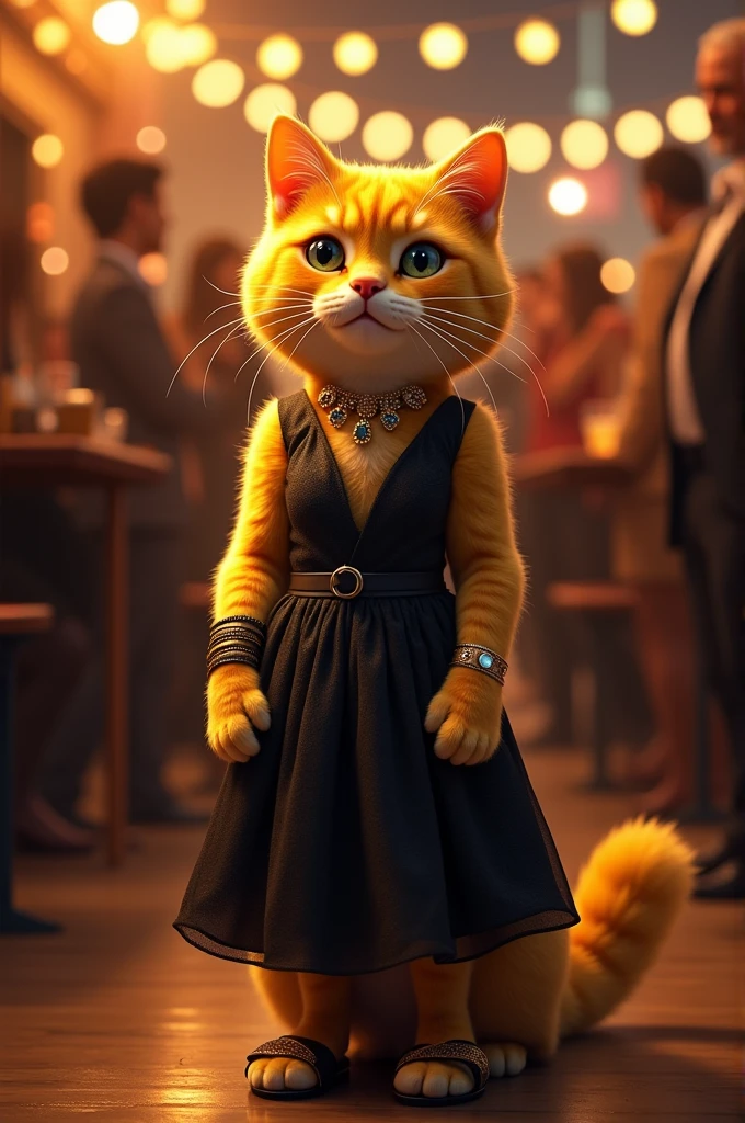 Yellow cat black colour ki frock pahani Hui party wear gale mein jewellery sarmataj hathon mein chudiyan pairon mein sandal small cat
