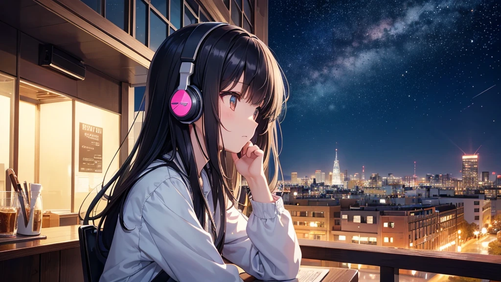 View of the autumn evening sky from a cafe。A young girl with black hair wearing stylish clothes and headphones labeled "lo-fi" The girl is shown in profile, gazing into the distance with a calm, relaxed expression Background depicts the iconic scenery of Namba, Osaka at night, without any text on signs A starry night sky adding to the peaceful atmosphere Overall mood is quiet and serene, perfect for lo-fi music Detailed hair rendering and careful attention to the girl's fashionable outfit The entire scene should evoke a relaxing, introspective feeling associated with lo-fi music