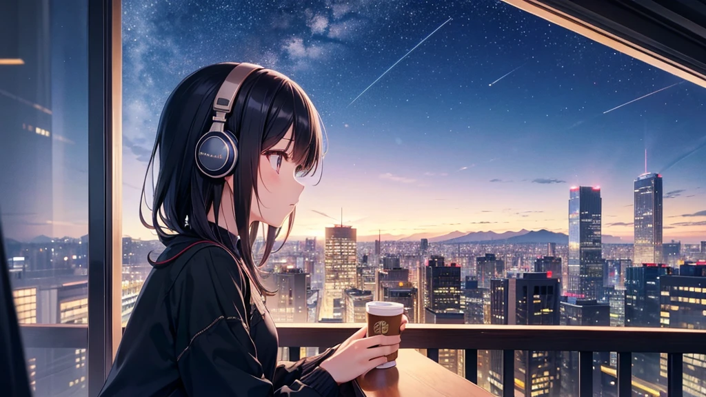 View of the autumn evening sky from a cafe。A young girl with black hair wearing stylish clothes and headphones labeled "lo-fi" The girl is shown in profile, gazing into the distance with a calm, relaxed expression Background depicts the iconic scenery of Namba, Osaka at night, without any text on signs A starry night sky adding to the peaceful atmosphere Overall mood is quiet and serene, perfect for lo-fi music Detailed hair rendering and careful attention to the girl's fashionable outfit The entire scene should evoke a relaxing, introspective feeling associated with lo-fi music