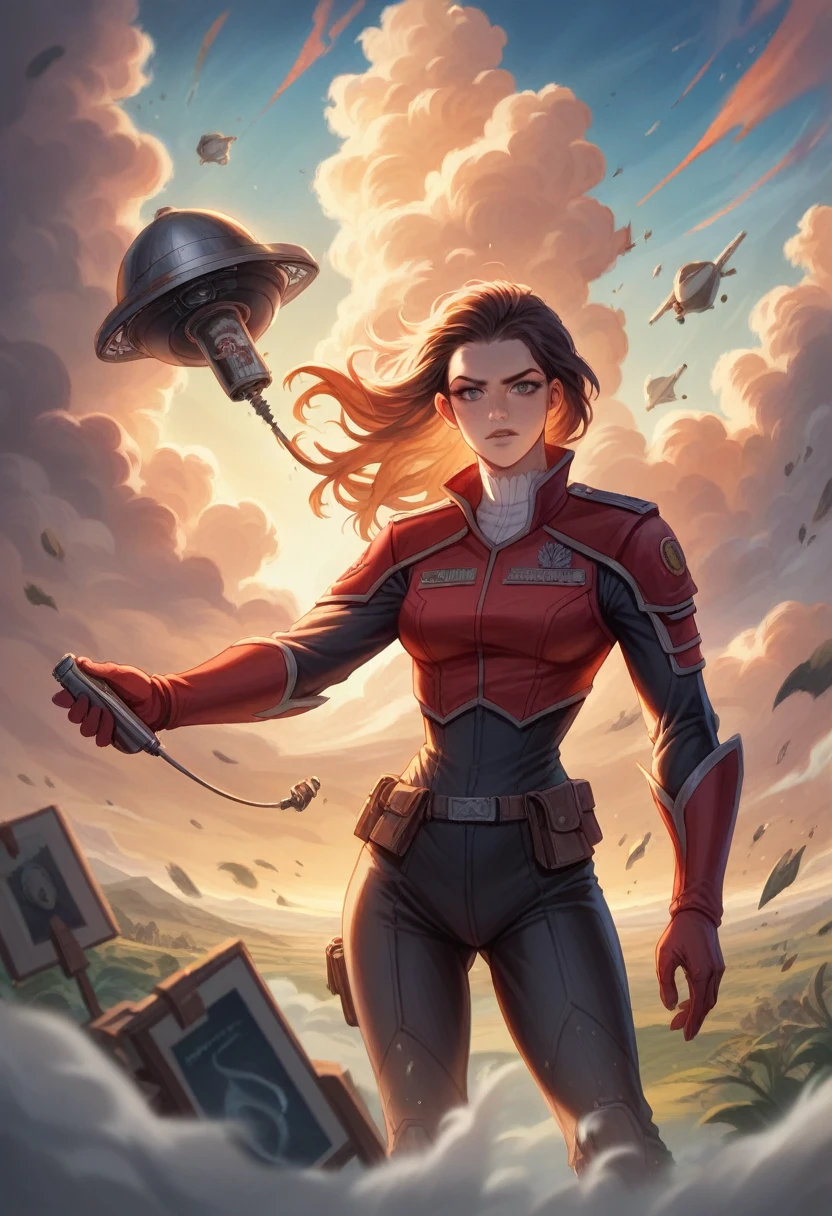 (Extremely Detailed Oil Painting:1.2), octane render, atmospheric 4k ultra detailed, movie still, big depth of field, Masterpiece, colors, "garden of time and space, trending on artstation, dreamy" , a woman with a destroyed city with realistic stormy clouds in the background , sunset, wearing black and red uniform, fantasy art, sci fi art, hyperrealistic, Vivid colors, High Detail, dramatic, absurdes