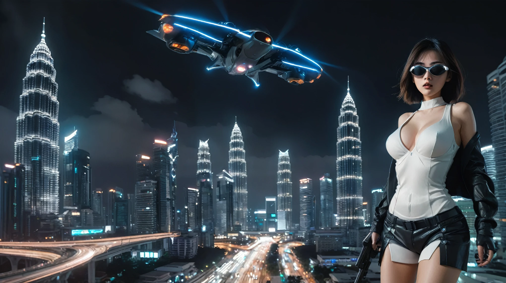 (Wide angle aerial view). At night, simple outlined cyberpunk city, flying cars, glowing ghost-like giant Petronas Twin Towers, lightning, line art background. At night, (1girl, solo, alone), photorealistic, large-breast slim:0.6 body, oval:0.5 face, cleavage:1.1, very low angle view of pleated miniskirt, deep-v, (upskirt), glove, (Matrix style black micro sunglasses), (aiming viewer with a short gun), dynamic running pose, (half-body thigh level close-up shot), cinematic lighting, ray tracing, motion blur background.