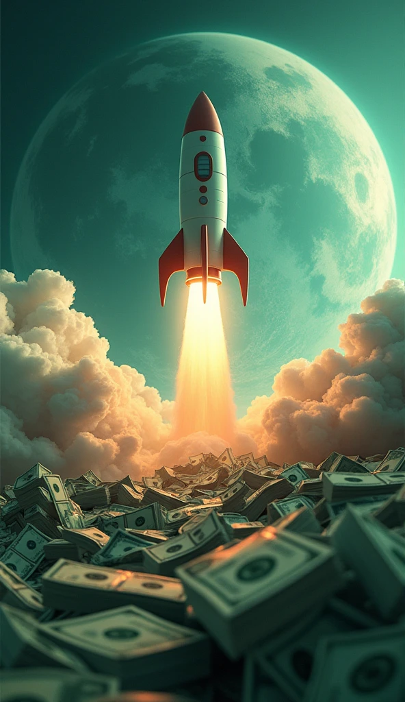 bcakground with a lot of dollars with a rocket flying out of the earth