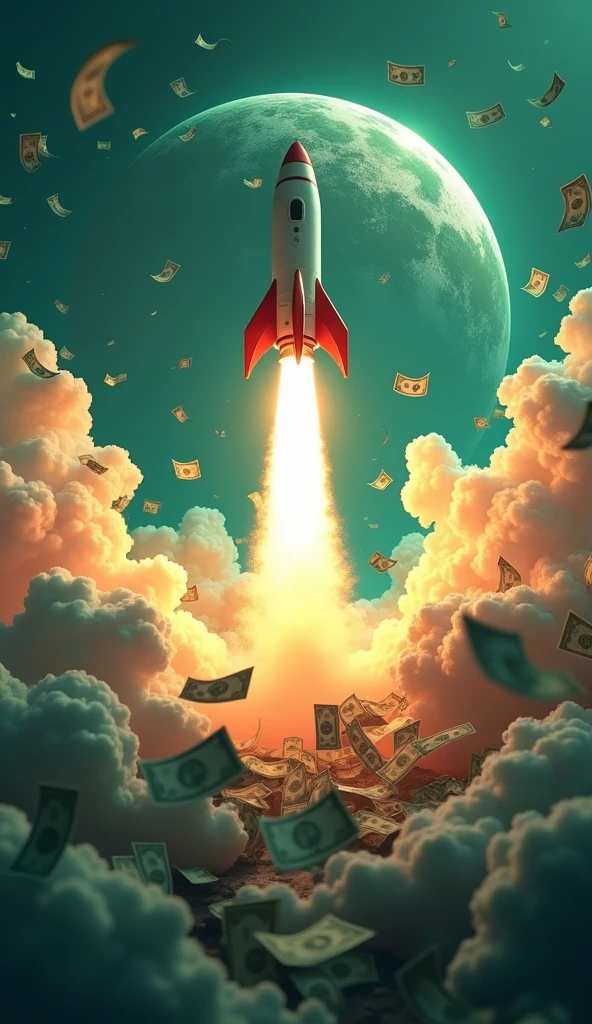 bcakground with a lot of dollars with a rocket flying out of the earth