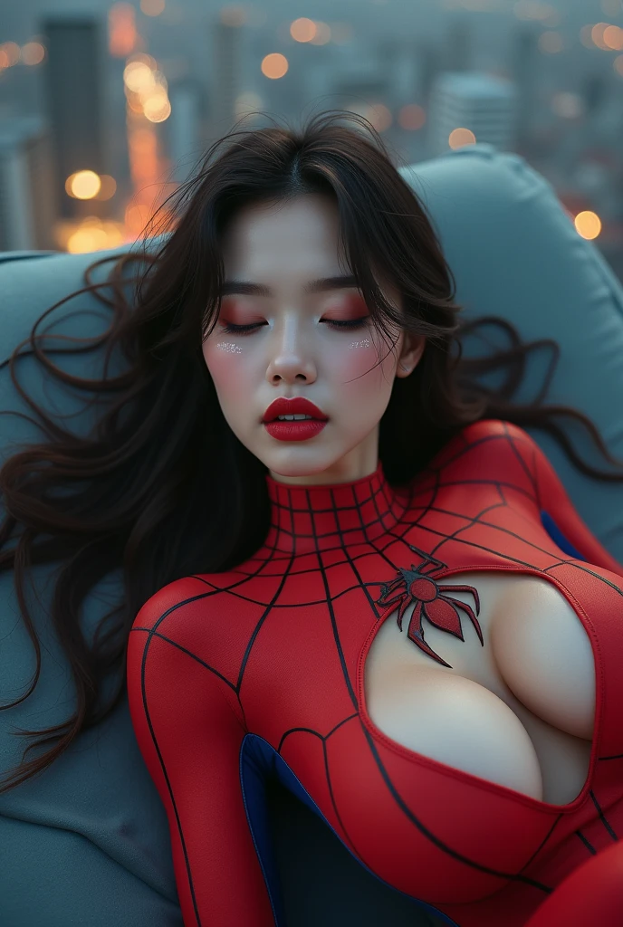 an Indonesian woman face,sexy woman,big breasts,cosplay as spiderman,loose hair,satisfied facial expression,tired and weak lying down,see a woman's hands covered in condensed milk,the location of the roof of a tall building