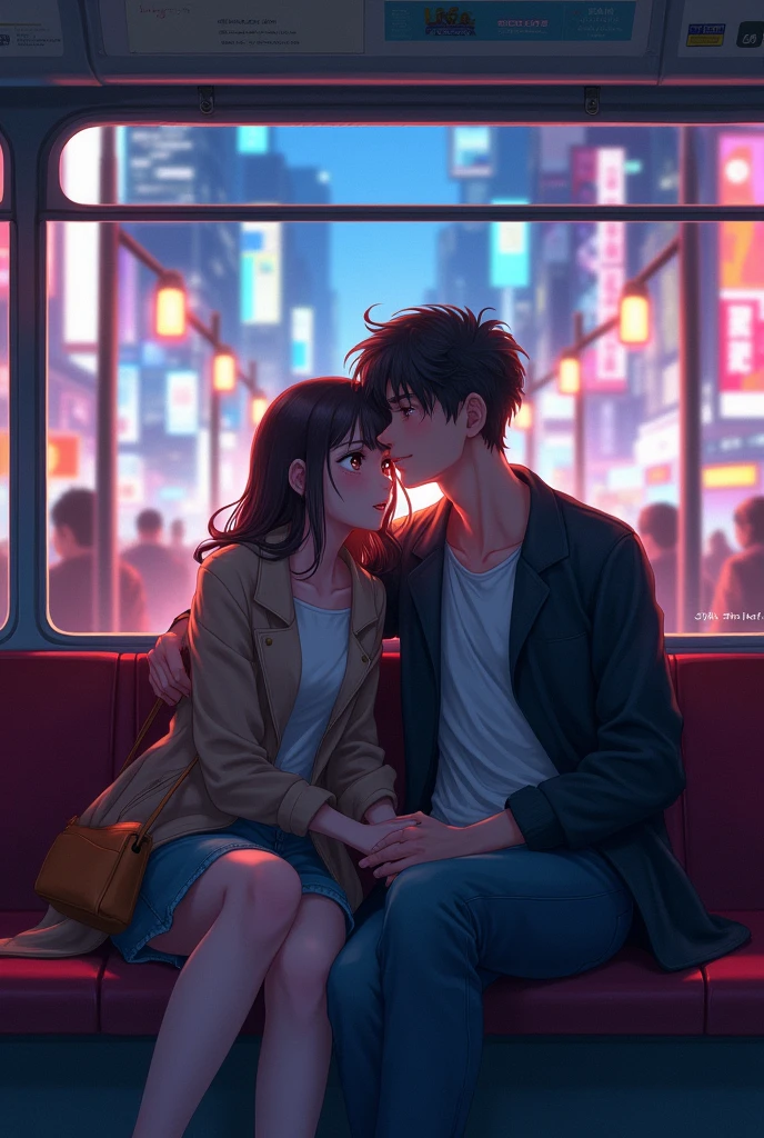 Anime couple sitting on a bus together in the city, Written by Lu Ji, Warlop Painting Style, art of Wlop, From wlop, by Tandy, Urban Fantasy Romance Book Cover, Uropa Art, By An Zhengwen, cgsociety 9, by Li Di, by Yao Tingmei, Artgerm and Ilya Kusinov, Sleep with love
