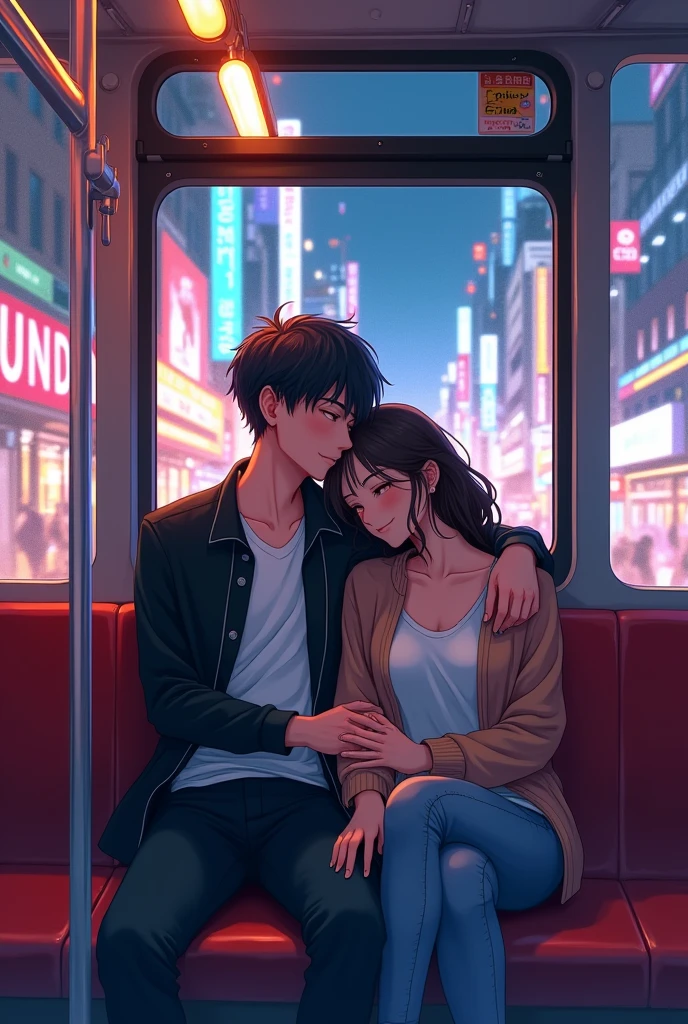 Anime couple sitting on a bus together in the city, Written by Lu Ji, Warlop Painting Style, art of Wlop, From wlop, by Tandy, Urban Fantasy Romance Book Cover, Uropa Art, By An Zhengwen, cgsociety 9, by Li Di, by Yao Tingmei, Artgerm and Ilya Kusinov, Sleep with love