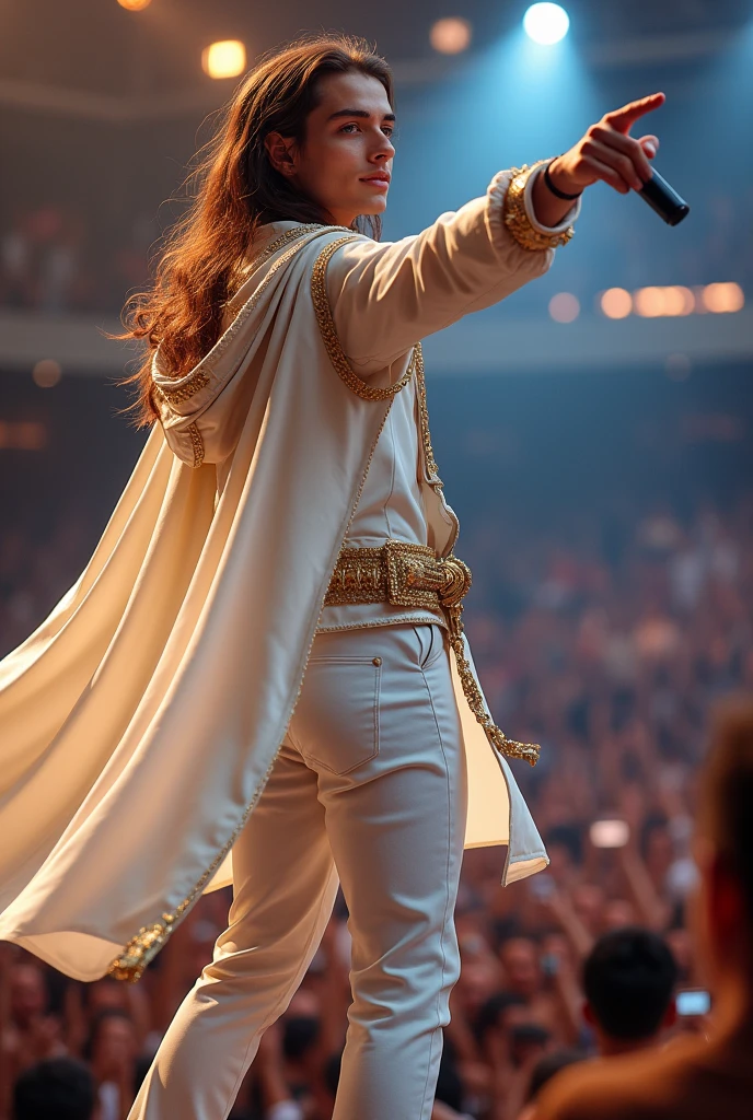 artwork best quality handsome american male ager long brown hair light skin with white cape and hooded coat on head with gold details white long sleeve shirt and white pants underneath intricate details singing holding a microphone seen from afar pointing at the audience at a concert with details uhq 8k details