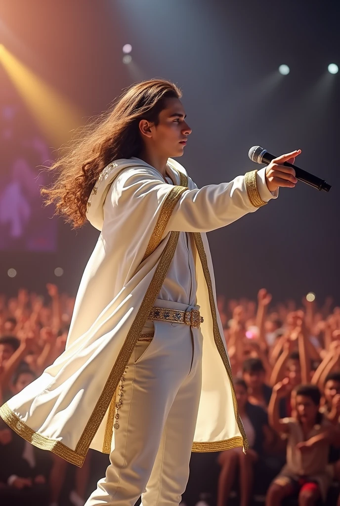 artwork best quality handsome american male ager long brown hair light skin with white cape and hooded coat on head with gold details white long sleeve shirt and white pants underneath intricate details singing holding a microphone seen from afar pointing at the audience at a concert with details uhq 8k details