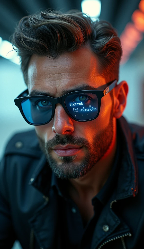 handsome and elegant man with a strong body, chubi, wears futuristic cyber glasses, Medium brown beard with a touch of grey,  Half-length portrait photography, hyperrealistic digital art, cinematic lighting, Close-up focusing on the detailed face and glossy lips., cyber-punk aesthetic, Holographic data display on glasses with visible text &#39;Tiktok&#39;, 8k resolution, Photorealistic 3D rendering, shallow depth of field, dramatic shadows and lights, shiny textures, intricate details in the skin and hair, high contrast, vibrant colors, Lens flare effect, motion blur background, subtly visible cybernetic implants, Ultra-sharp focus on the eyes, Metallic shine on the glasses frame, retouched for perfection, Studio lighting setup, Captured with a high-end DSLR camera, Post-processed in advanced 3D software for greater realism and depth..