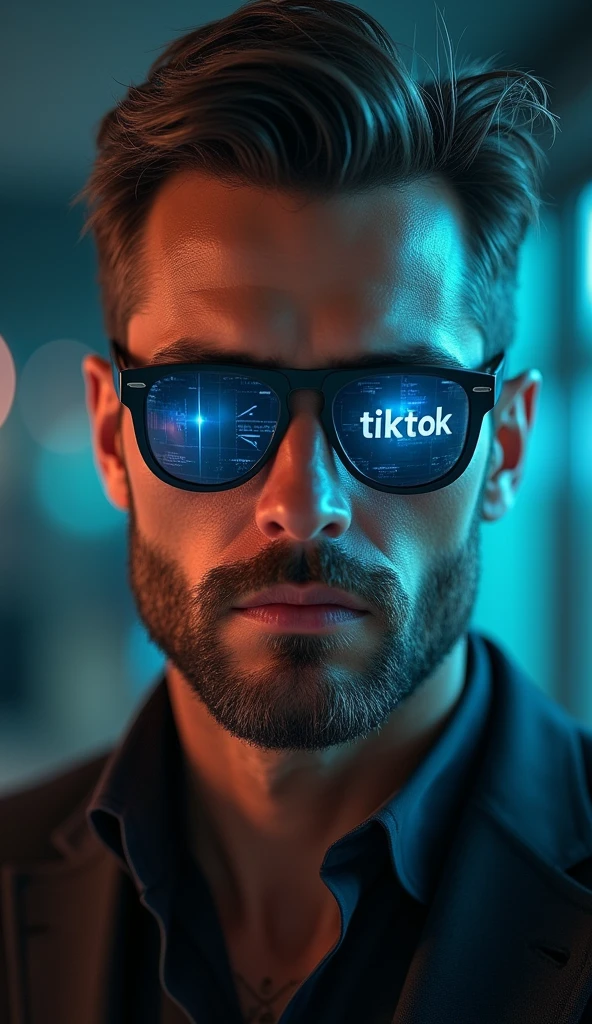 handsome and elegant man with a strong body, chubi, wears futuristic cyber glasses, Medium brown beard with a touch of grey, Half-length portrait photography, hyperrealistic digital art, cinematic lighting, Close-up focusing on the detailed face and glossy lips., cyber-punk aesthetic, Holographic data display on glasses with visible text 'Tiktok', 8k resolution, Photorealistic 3D rendering, shallow depth of field, dramatic shadows and lights, shiny textures, intricate details in the skin and hair, high contrast, vibrant colors, Lens flare effect, motion blur background, subtly visible cybernetic implants, Ultra-sharp focus on the eyes, Metallic shine on the glasses frame, retouched for perfection, Studio lighting setup, Captured with a high-end DSLR camera, Post-processed in advanced 3D software for greater realism and depth..