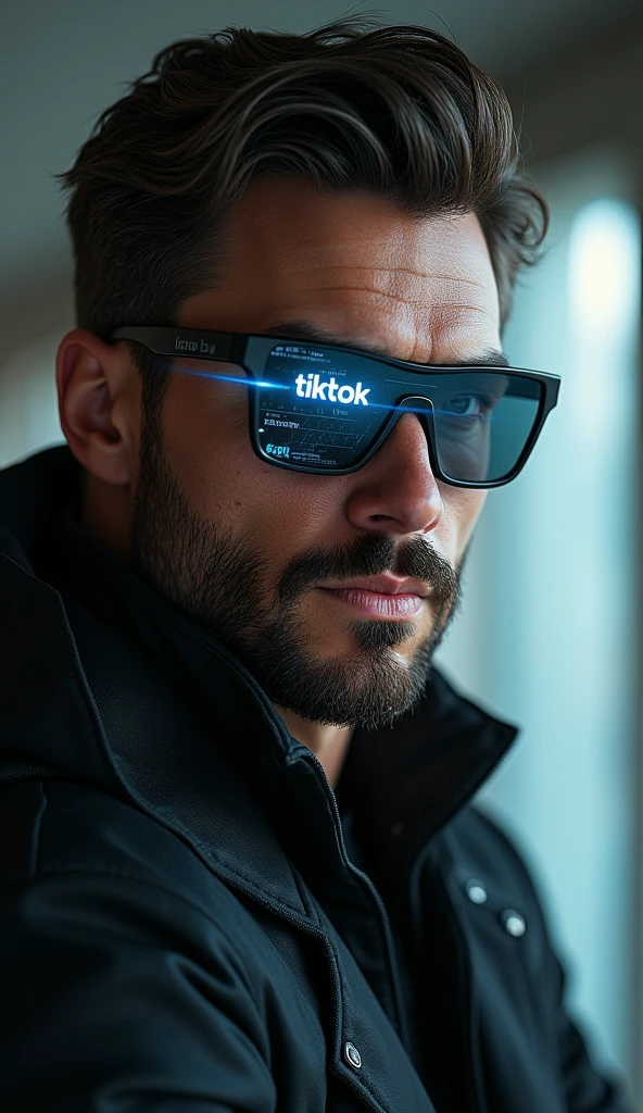 handsome and elegant man with a strong body, chubi, wears futuristic cyber glasses, Medium brown beard with a touch of grey,  Half-length portrait photography, hyperrealistic digital art, cinematic lighting, Close-up focusing on the detailed face and glossy lips., cyber-punk aesthetic, Holographic data display on glasses with visible text &#39;Tiktok&#39;, 8k resolution, Photorealistic 3D rendering, shallow depth of field, dramatic shadows and lights, shiny textures, intricate details in the skin and hair, high contrast, vibrant colors, Lens flare effect, motion blur background, subtly visible cybernetic implants, Ultra-sharp focus on the eyes, Metallic shine on the glasses frame, retouched for perfection, Studio lighting setup, Captured with a high-end DSLR camera, Post-processed in advanced 3D software for greater realism and depth..