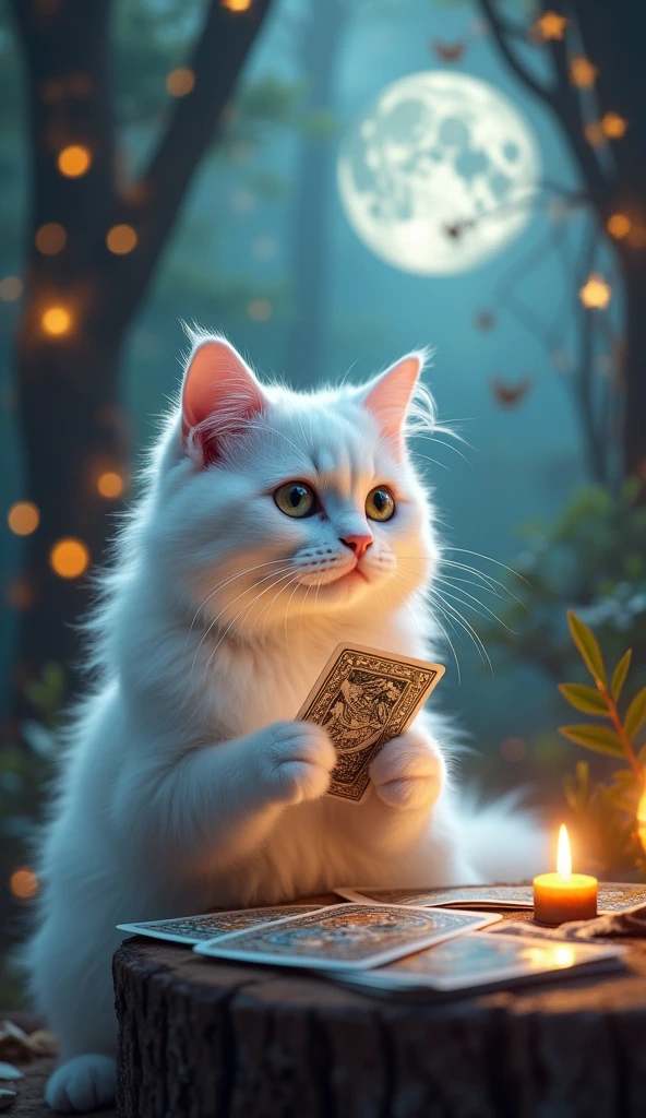 A white cat enjoying fortune telling with tarot cards in a fantastical atmosphere。The cat has fluffy white fur、She has beautiful eyes。The cat is holding a tarot card、A serious look at fortune telling。Soft light shines into the background、Stars and Moon、Elements of a magical forest are scattered throughout the space.。Overall, a dreamy fantasy world unfolds.、Heals the hearts of those who see it