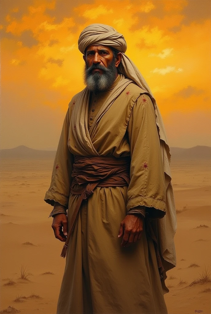Of course, The following is a description in oil painting style for Khabbab bin Al-Arat with dimension 9:16:

**Description:** "An oil painting with a vertical composition of 9:16 describes Khabbab bin Al-Arat, an Arab man from the 7th century. His figure stands firmly in the middle of the painting., wearing a long earth-colored robe and a turban that wraps around the head. His face looked firm but full of suffering., with a thin beard adorning his chin. On his back there were visible burn scars., who became a silent witness to the torture he experienced because he maintained his faith.. Khabbab held a short sword with a sturdy handle, ready to protect his beliefs. The background of the painting features a vast, barren desert, with a golden orange sky at dusk, reflecting the harshness of the struggle in the early days of the spread of Islam. The thick texture of oil paint and expressive brushstrokes reinforce the impression of firmness and fortitude that Khabbab&#39;s figure exudes.."