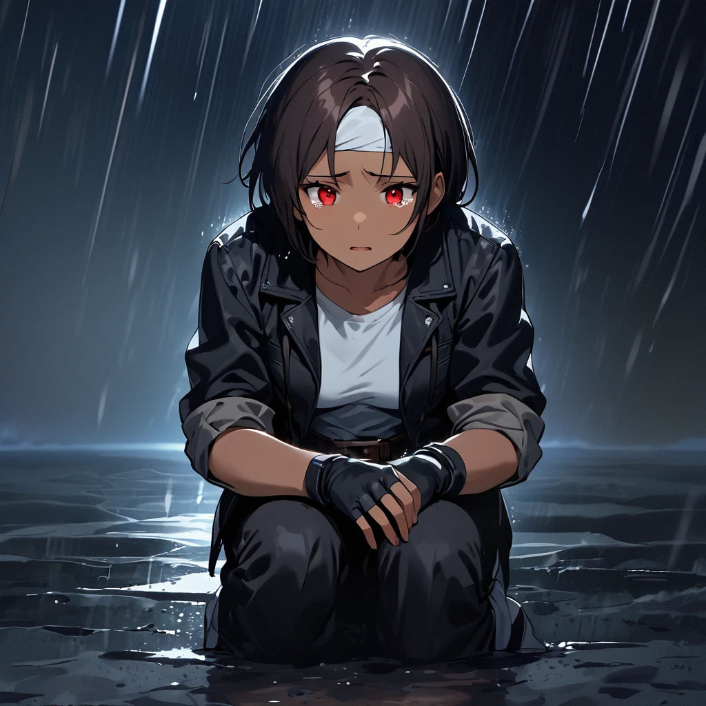 In a cinematic shot, a girl with dark skin and short, dark hair clutches an open umbrella against the backdrop of heavy rain. Her red eyes well up with tears as she crouches on the wet pavement, her fingerless gloves and rolled-up black jacket creating a sense of vulnerability. A white T-shirt and black pants provide contrast to the gloomy atmosphere, while white shoes and a brown belt add subtle pops of color. A white headband wraps around her forehead, emphasizing her high, slanted eyes that seem to convey sadness. Her open mouth and downturned lips complete the portrait of a heartbroken girl, lost in thought amidst the torrential downpour.