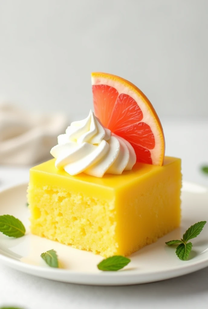 Yellow square shape with whipped cream decoration and grapefruit on top,The background color of the dessert with mint leaves is white and cool