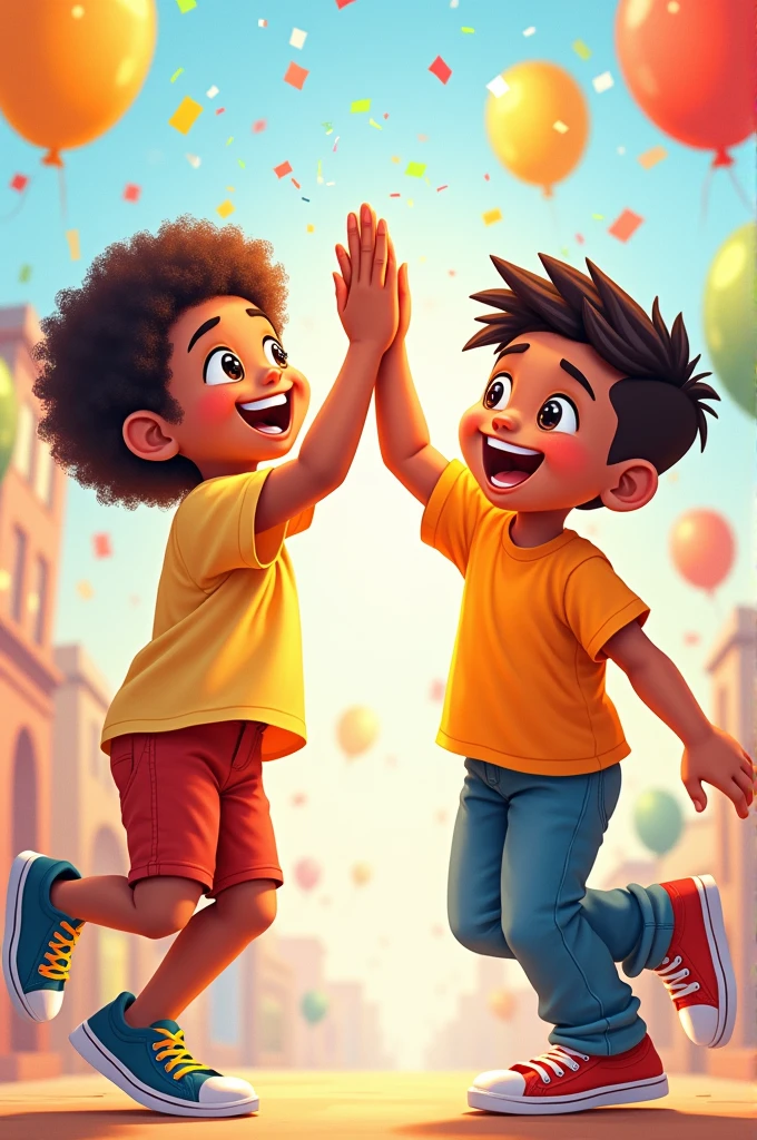 -  A lively illustration of Sochool and Jaden high-fiving, with confetti and balloons in the background, and big grins on their faces.