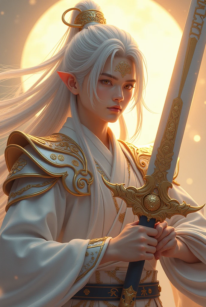 Handsome young xianxia protagonist,man,guy,full body,long silver hair, golden amber eyes combination ,eyes focus detailed((no noice)),(((no noice))),and long silver hair with white undertone,and the golden rune motiv scratched on his forehead((no noice)),use armour featuring like pattern on furr of white Tiger chinese with white dominant color,held star sword,sword wielder extremely detailed,pauldron protective shape like dragon head,breastplate featuring like white Tiger,breastplate detailed white Tiger shape,shoulder protective dragon shape like white Tiger,sun and moon background, white dominant color,white dominant color, white dominant color armour,with majestic silver line , ((no noice))And majestic golden wings at back,wings at back,terrifying aura around,24K ultra hd,face and eyes detail,lips and face detail,masterpiece ,better quality,ultraa realistic face((no noice)),good face proportion,eyes detailed,((perfect face)),perfect eyes ,perfect lips proportion((balance lips)),perfect face proportion,((balance proportion of face)),((balance and perfect left and right eyes proportion)),((masterpiece))