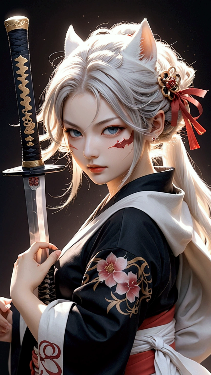 (Japanese sword &reference;Muramasa 2&reference;.2)Two beautiful women、Japanese swordを持った女性、Shinobi Costume、Warrior、Clear Eyes、{Arm tattoo、Warrior、Realistic battle scenes、敵Warriorの返りBlood、Blood、High resolution、Highest quality、Very detailed、8k、background、