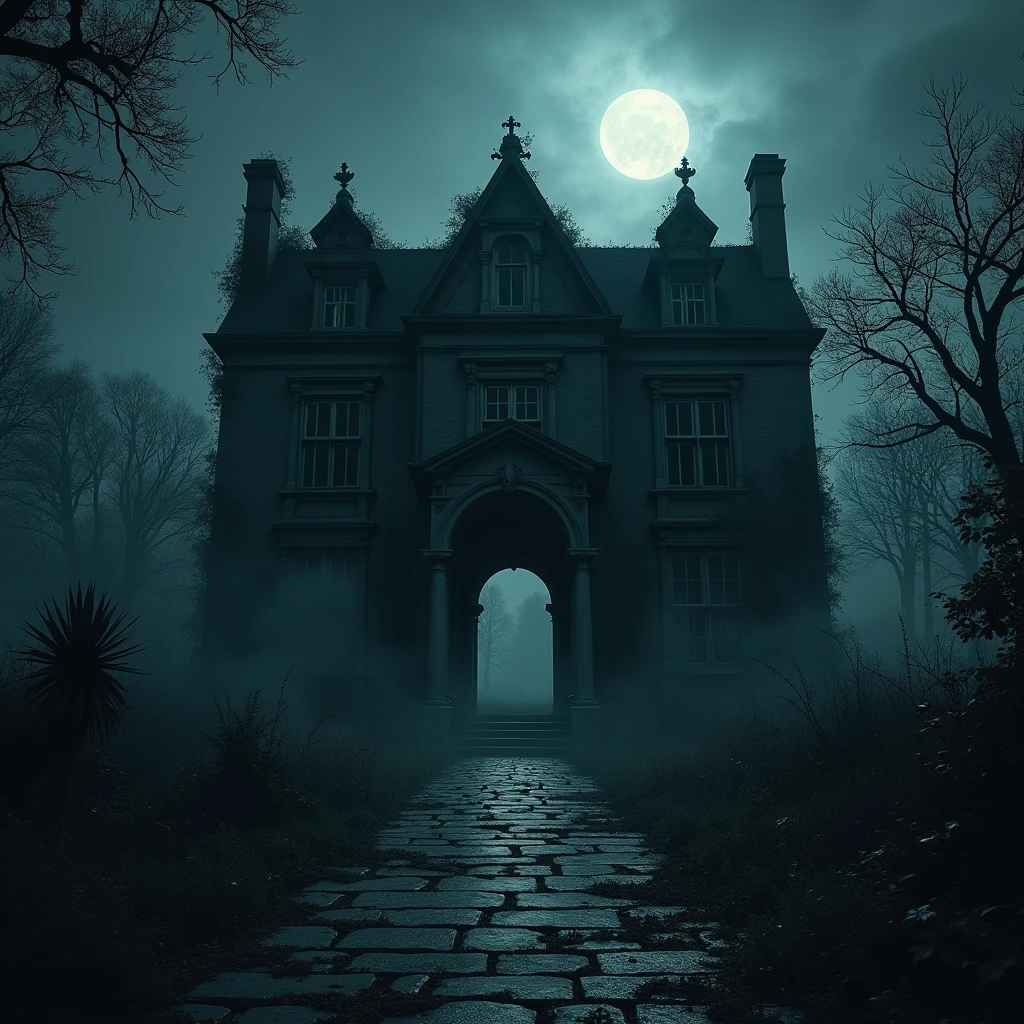 A vintage, crumbling mansion shrouded in darkness, with ivy-covered walls and a cracked, broken doorway. The atmosphere is eerie, as if time has stood still. A faint, ghostly moonlight illuminates the ghostly silhouette of the grand building, with broken windows and overgrown vegetation. The mansion's once grandiose entrance now lies in ruins, evoking a sense of mystery and abandonment.