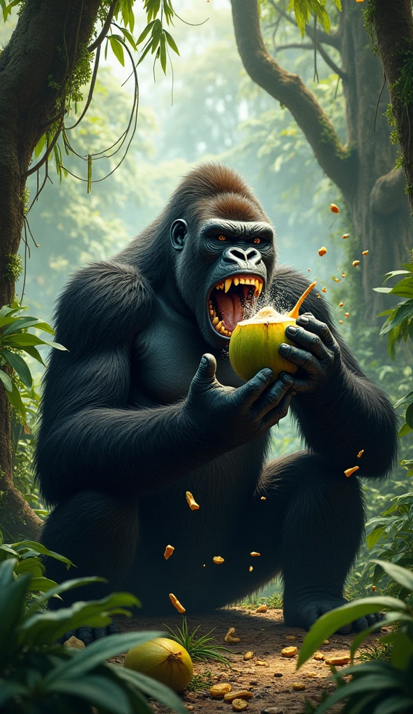 "A realistic scene of a powerful gorilla sitting in a dense jungle, surrounded by lush greenery. The gorilla has its mouth wide open as it bites into a green coconut, with pieces of the coconut shell and juice flying out from the force of the bite. The background is filled with thick jungle foliage, creating an immersive and wild atmosphere."