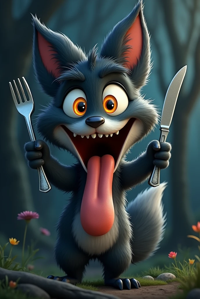 A whimsical, furry, cartoonish black fox with large, expressive orange eyes, long jaw, and exaggerated facial features stands with a mischievous, wide-eyed grin, holding a fork in one hand and a knife in other hand and matching the exact expression as the reference image:1.5. The fox's fur is dark black with tufts of fur adding texture and character. Its mouth is open wide with a comically large tongue with saliva sticking out, adding to its playful and mischievous appearance. The overall style is highly detailed with a touch of (hand-painted quality:1.4), focusing on exaggerated expressions:1.3, vibrant colors, and a humorous, light-hearted mood. The background is a softly blurred, dark-toned forest with hints of light filtering through the trees, adding to the magical and whimsical atmosphere