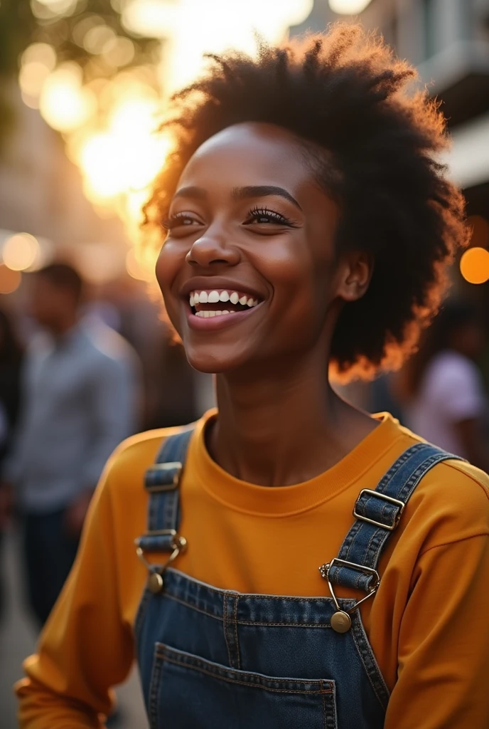 : Une photo montrant une personne noire avec un sourire rayonnant après avoir reçu un soutien pour lancer sa propre entreprise (ex : un marché local avec des jeunes entrepreneurs noirs).