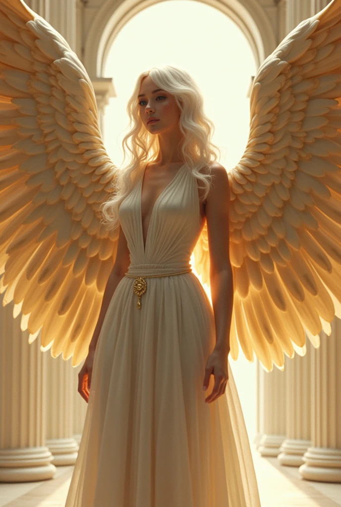 - Tall and elegant - Snow white hair - Pure white almond shaped eyes - Curvy body - Fair skin with freckles - Very very large golden colored wings - Classic and elegant Greek style