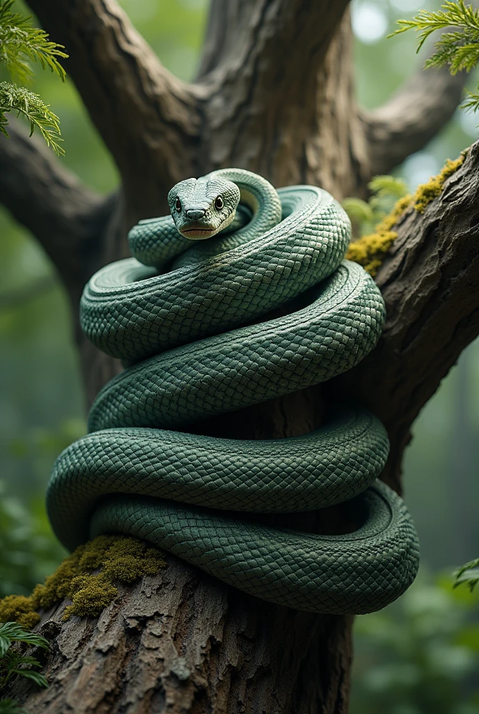 masterpiece、 Highest quality, Highly detailed、8k、 High resolution, A snake hanging from a big tree、