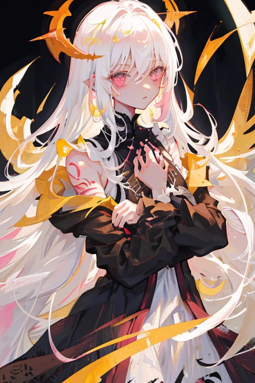 girl . long white hair. Pink eyes. Black sexy dress. Cross-shaped method of tying on the chest. White lace on the sleeves. long eyelashes. Honey from hands. Yellow skin. White patterns on hands. Demon tattoo on the shoulder . The background is black with fiery streaks.
