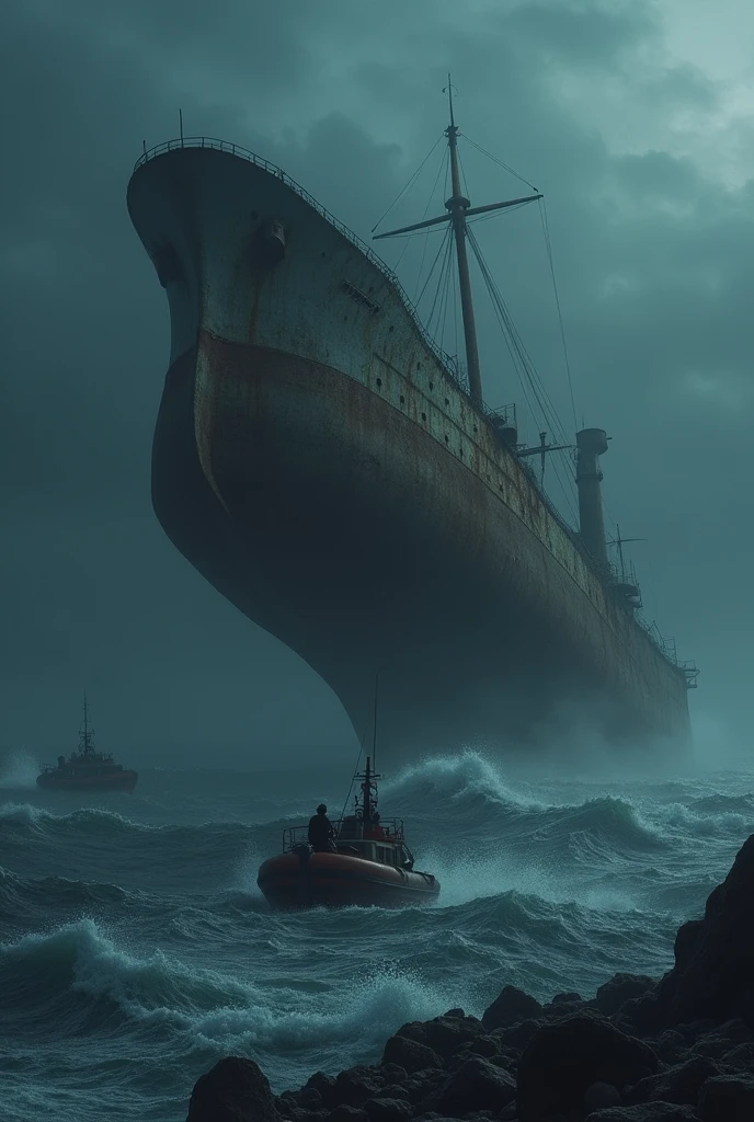 A old fired ship sinking in the ocean in nigh with a dark misty background in front of rescue workers