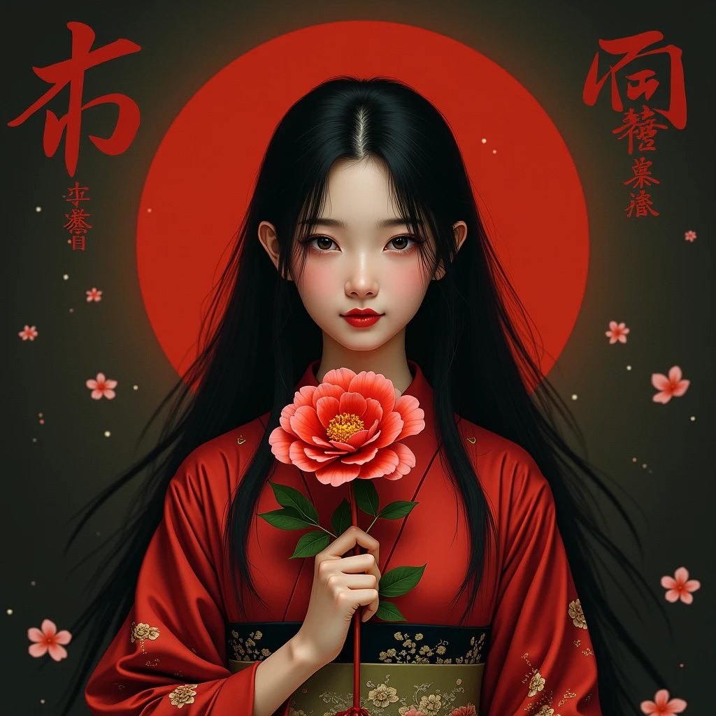 One Girl, High resolution,alone, One Girl, High resolution, Long Hair, smile, Personification of camellia、Black Hair、kimono、Bright red camellia、dim、High resolution, masterpiece, Highest quality, Anatomically correct, detail, 高いdetail, Very detailed, american style propaganda poster,