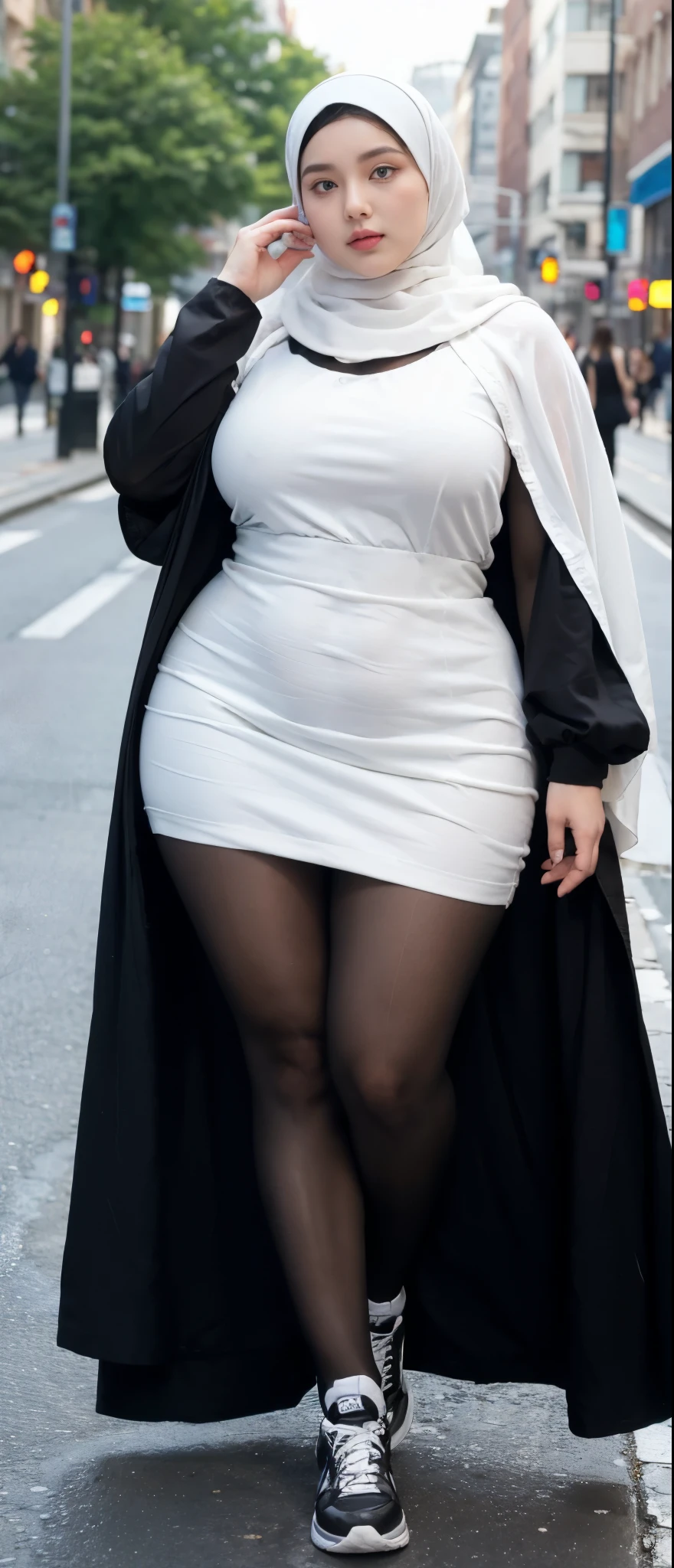Milky white skin woman in black dress and hijab walking down the street, ,  hijab outfit, ,  hijab fashion model, plus size, plus size woman, ,  woman in black robes, beautiful woman, thicc, black outfit,, bbwchan , white sneakers , Height 170 cm, beautiful woman, with a beautiful appearance, a very beautiful masterpiece, a masterpiece of art, good lighting, Bright colors, Clean lines