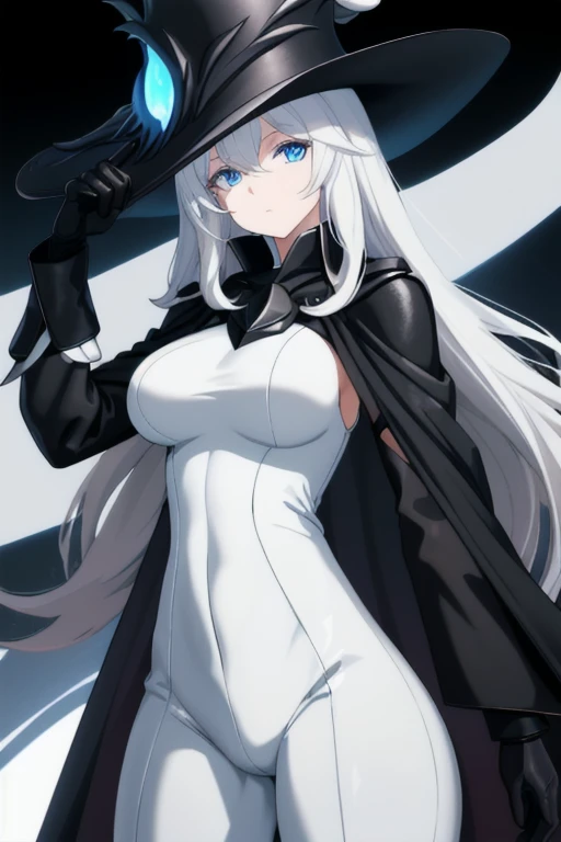 wo-class aircraft carrier, hat, gloves, hair, 1girl, white hair, solo, white skin, black gloves, bodysuit, blue eyes, black cape, leather pants, Masterpiece, Best Quality, night