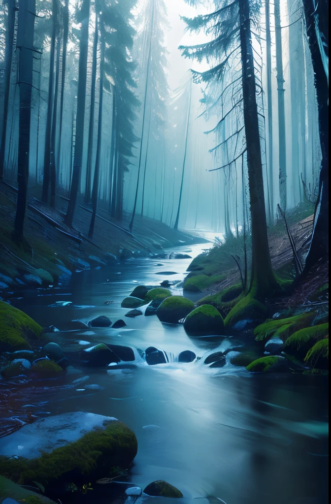 arafed view of a stream running through a forest with trees, mysterious , stream, by Carl Rahl, by Adam Chmielowski, melting and dripping. eerie, eerie shimmering surroundings, by Wolfgang Zelmer, river in the wood, real-life brook, by Jacob Toorenvliet, photograph captured in the woods, beautiful and mysterious